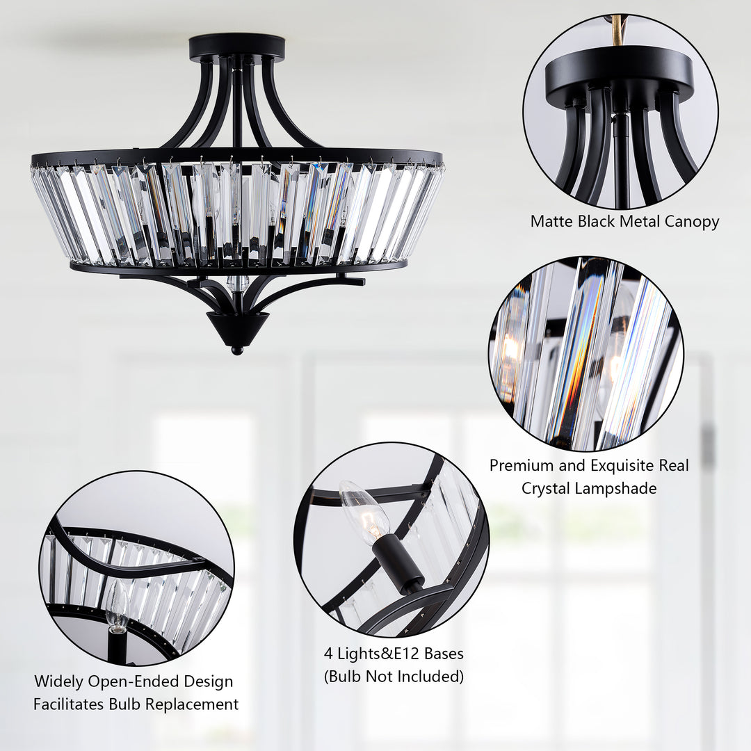 19.7''-4 Lights Metal And Crystal Semi Flush Mount Lighting For Living Room/Bedroom #29008-4BK