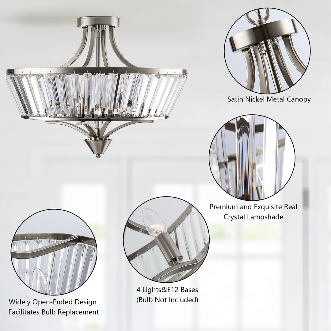 19.7''-4 Lights Metal And Crystal Semi Flush Mount Lighting For Living Room/Bedroom #29008-4BK