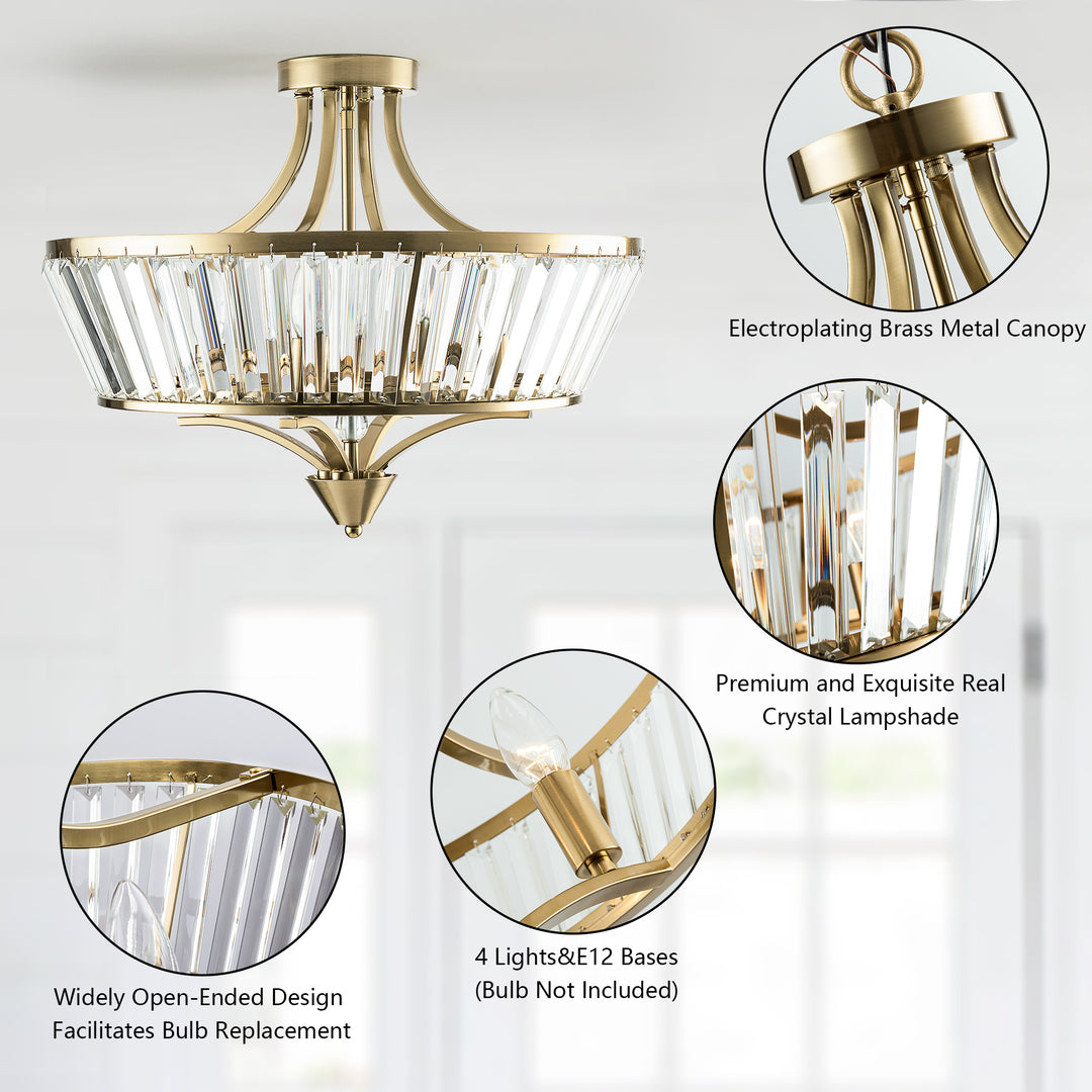 19.7''-4 Lights Metal And Crystal Semi Flush Mount Lighting For Living Room/Bedroom #29008