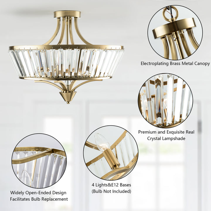 19.7''-4 Lights Metal And Crystal Semi Flush Mount Lighting For Living Room/Bedroom #29008-4BK