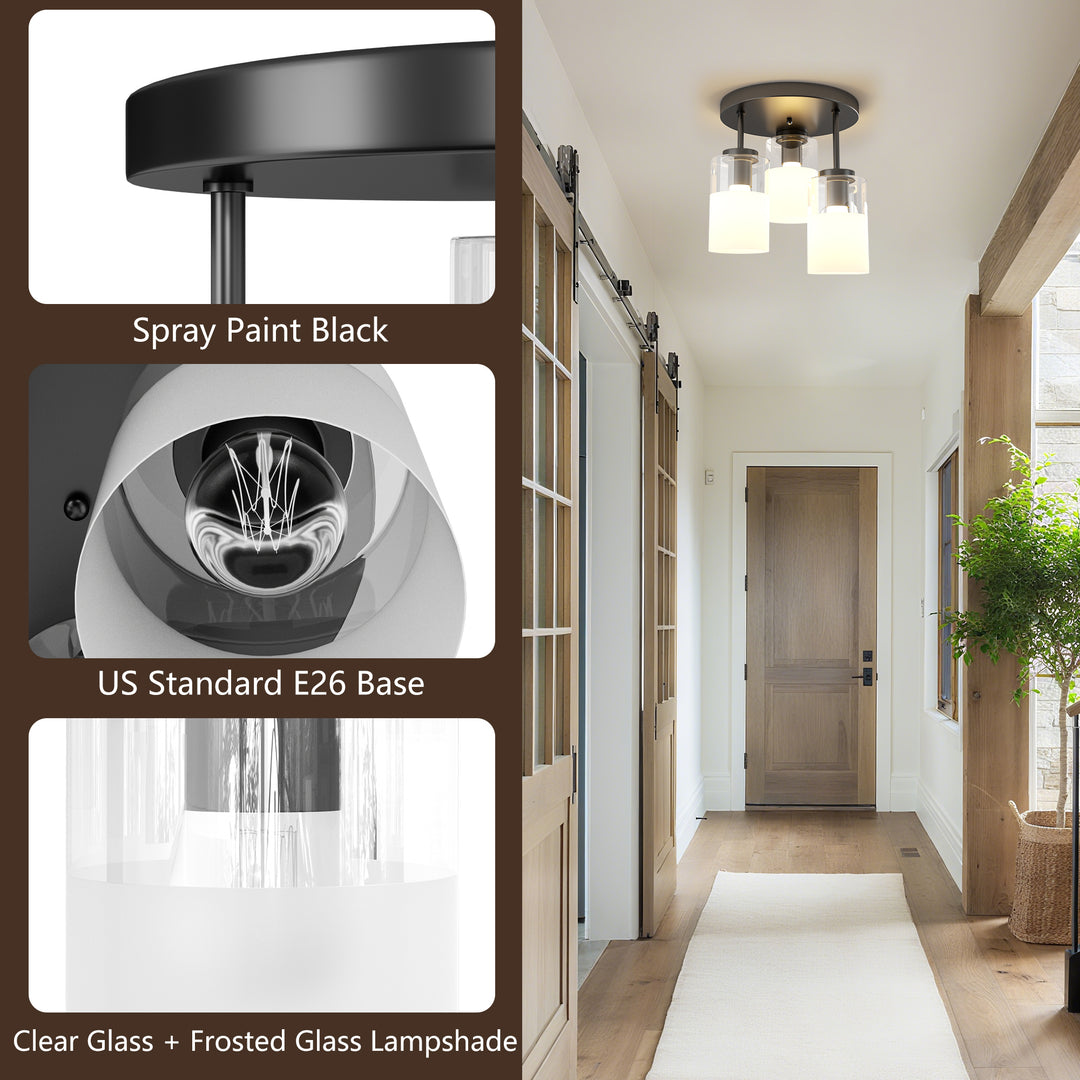 Glimmer 11.5"-3 Lights Modern Clear Glass + Frosted Glass Cluster Semi Flush Mount Ceiling Light #29021