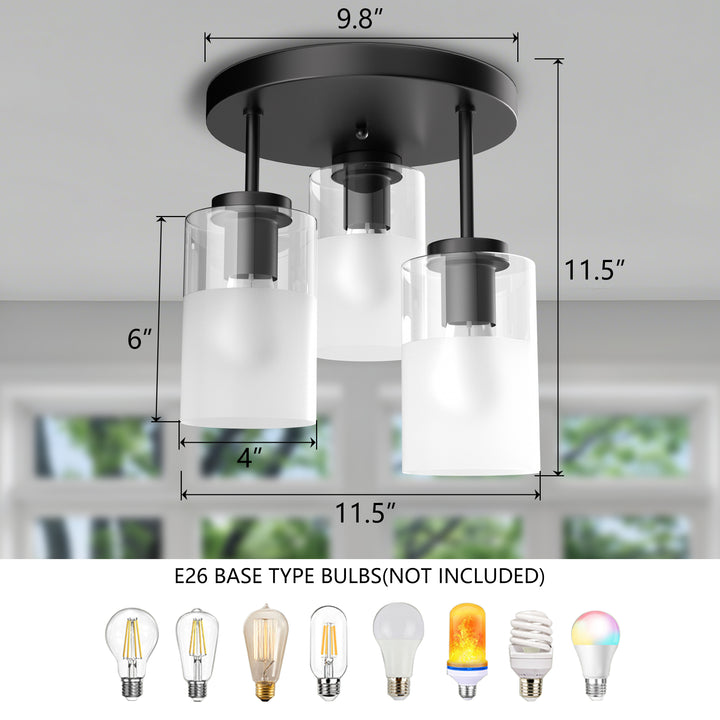 Glimmer 11.5"-3 Lights Modern Clear Glass + Frosted Glass Cluster Semi Flush Mount Ceiling Light #29021