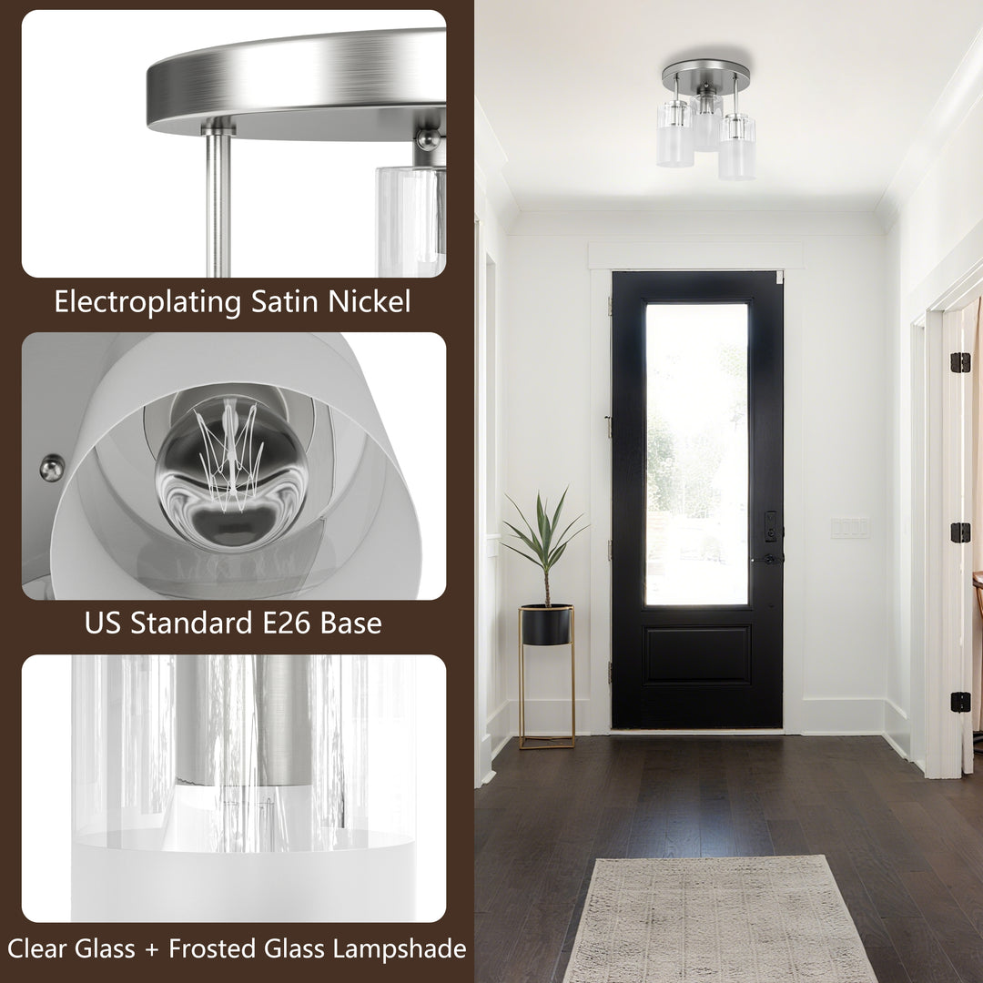 Glimmer 11.5"-3 Lights Modern Clear Glass + Frosted Glass Cluster Semi Flush Mount Ceiling Light #29021