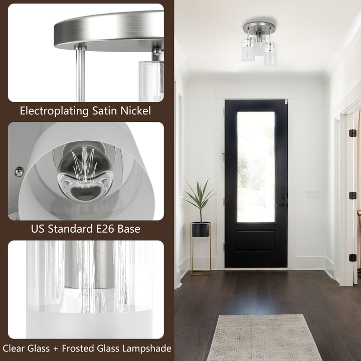 Glimmer 11.5"-3 Lights Modern Clear Glass + Frosted Glass Cluster Semi Flush Mount Ceiling Light #29021