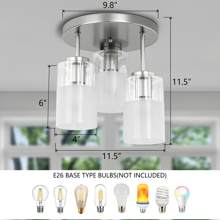 Glimmer 11.5"-3 Lights Modern Clear Glass + Frosted Glass Cluster Semi Flush Mount Ceiling Light #29021