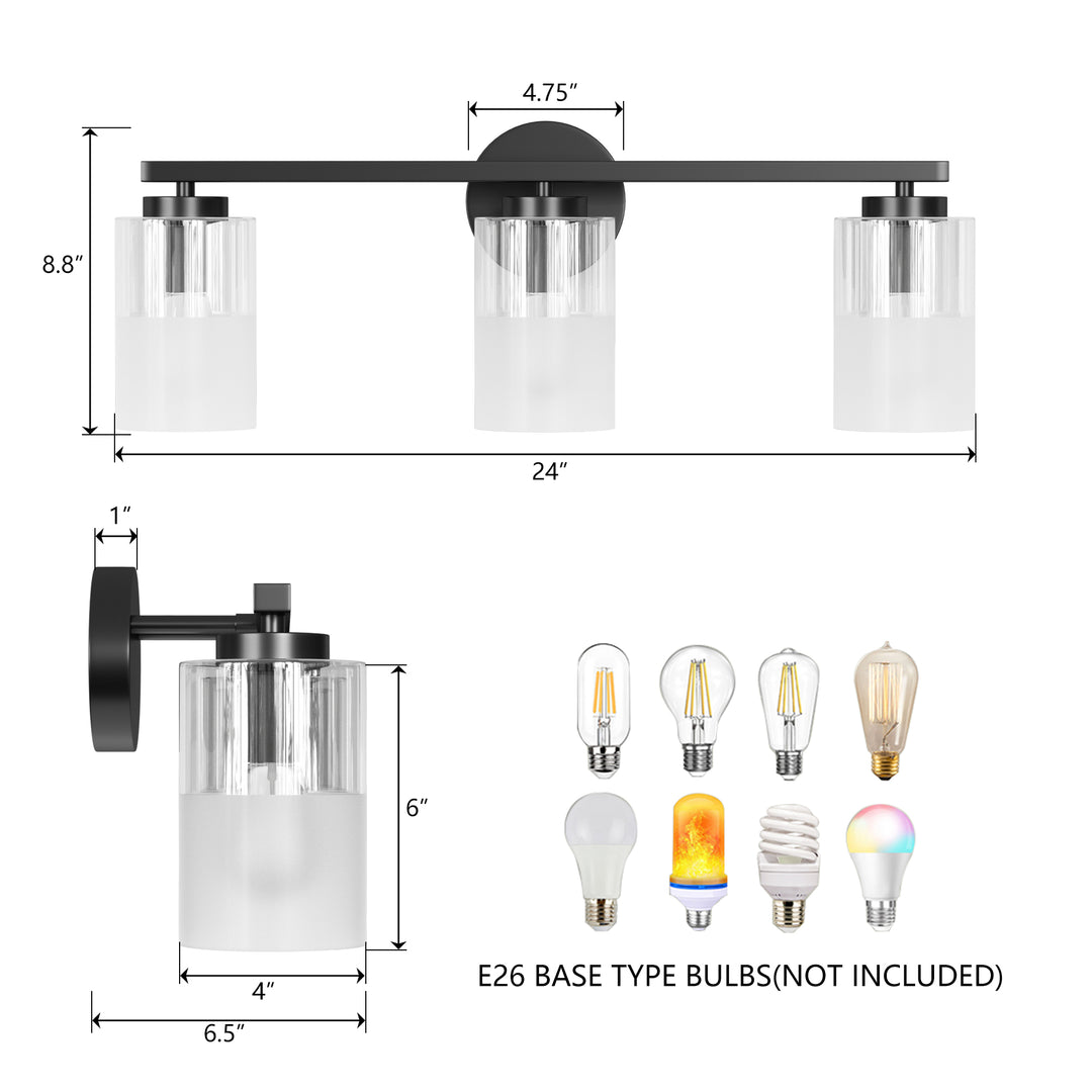Lumin 24W" 3-Light Dimmable Wall Sconce With Frosted Glass And Clear Glass, E26 Base,Modern Bathroom Vanity Light #29021