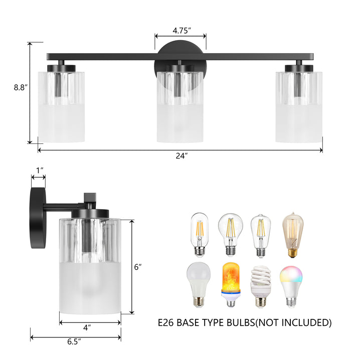 Lumin 24W" 3-Light Dimmable Wall Sconce With Frosted Glass And Clear Glass, E26 Base,Modern Bathroom Vanity Light #29021