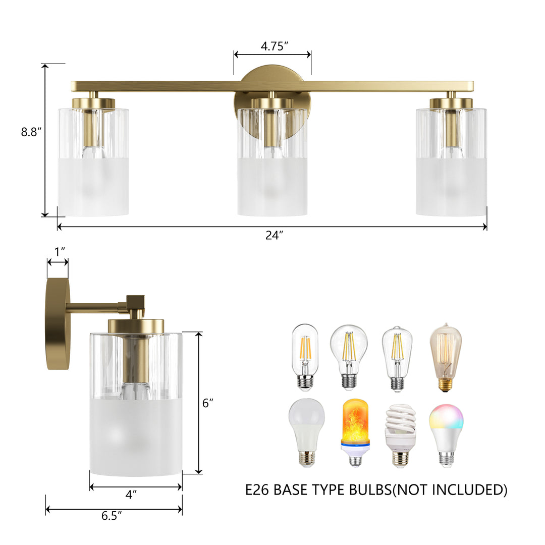 Lumin 24W" 3-Light Dimmable Wall Sconce With Frosted Glass And Clear Glass, E26 Base,Modern Bathroom Vanity Light #29021