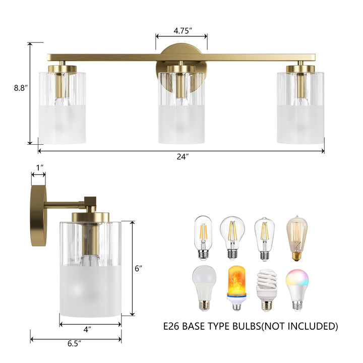 Lumin 24W" 3-Light Dimmable Wall Sconce With Frosted Glass And Clear Glass, E26 Base,Modern Bathroom Vanity Light #29021