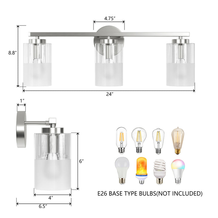Lumin 24W" 3-Light Dimmable Wall Sconce With Frosted Glass And Clear Glass, E26 Base,Modern Bathroom Vanity Light #29021