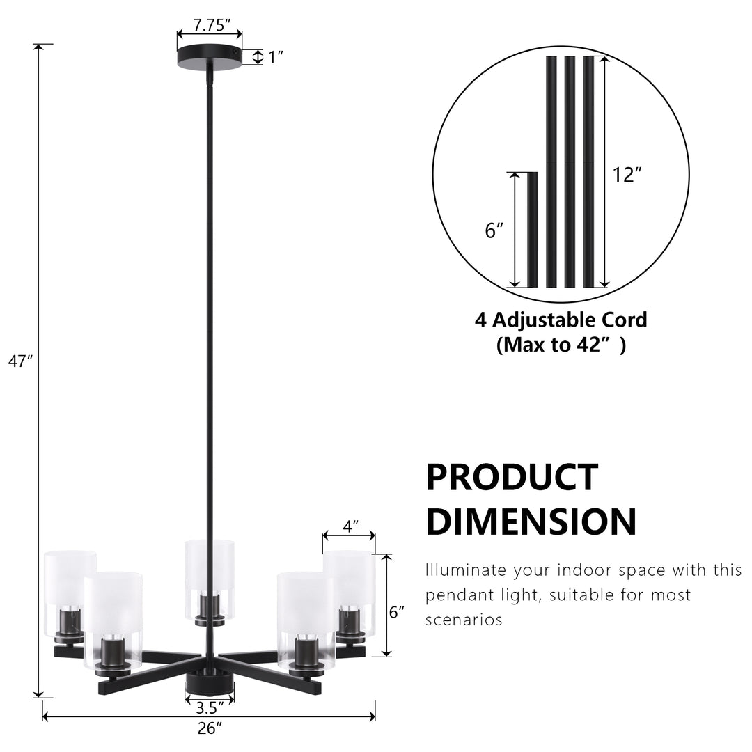 Glimmer 5-Light 26'' Dimmable Frosted Glass Modern/Traditional Chandelier For Dining Room #29024-P5