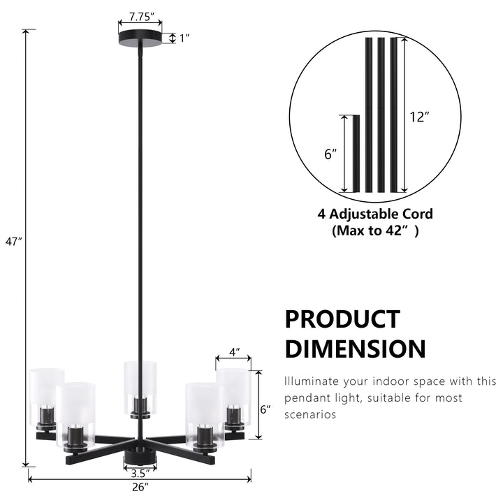 Glimmer 5-Light 26'' Dimmable Frosted Glass Modern/Traditional Chandelier For Dining Room #29024-P5