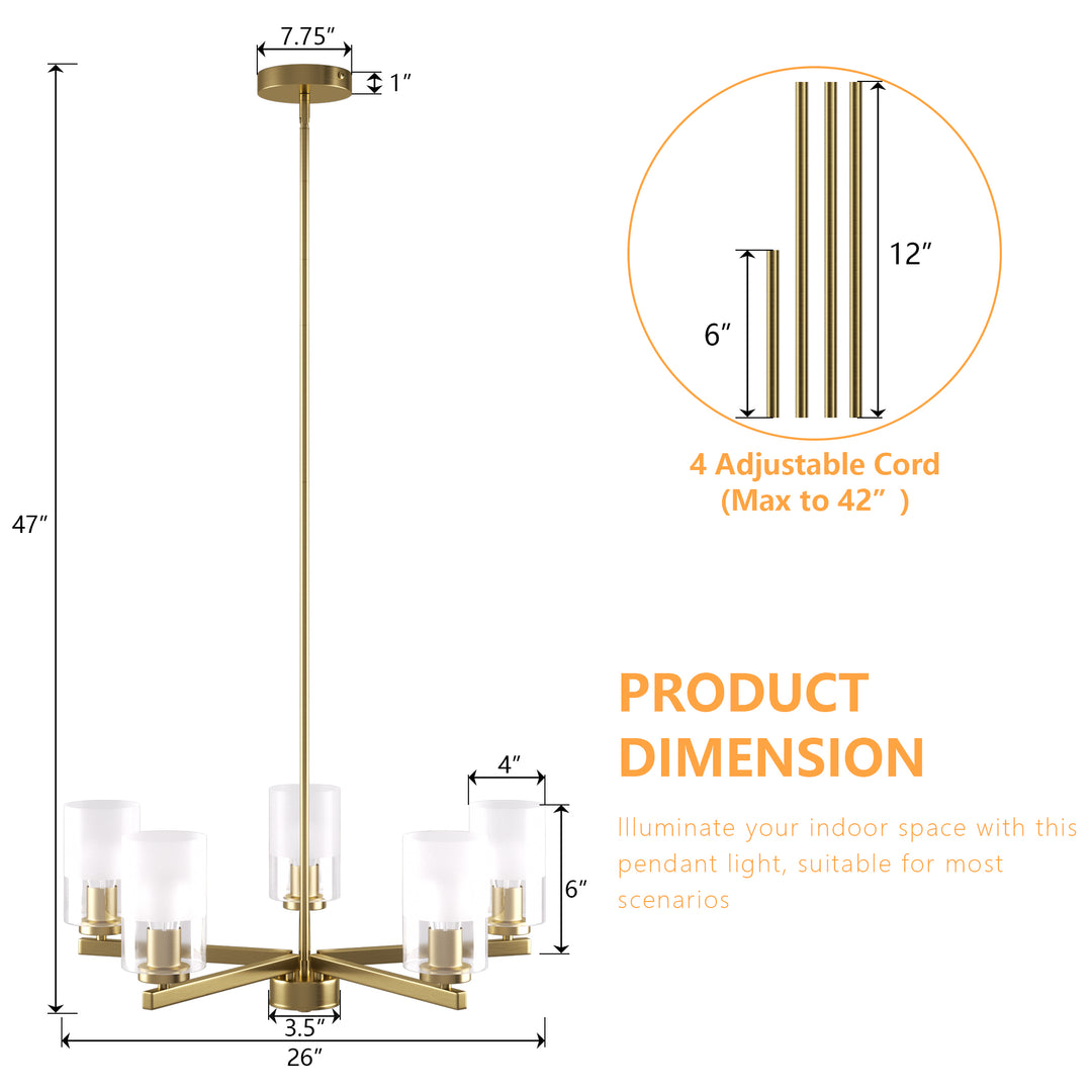 Glimmer 5-Light 26'' Dimmable Frosted Glass Modern/Traditional Chandelier For Dining Room #29024-P5