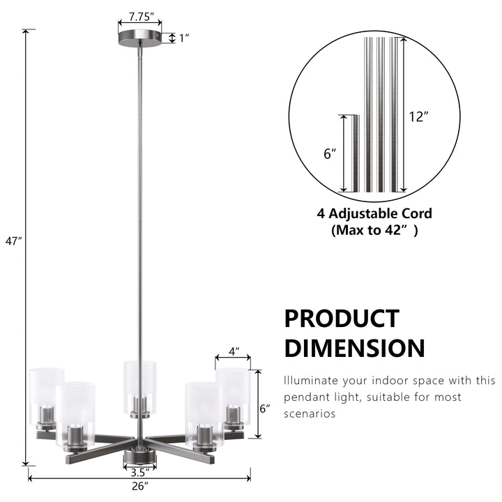 Glimmer 5-Light 26'' Dimmable Frosted Glass Modern/Traditional Chandelier For Dining Room #29024-P5