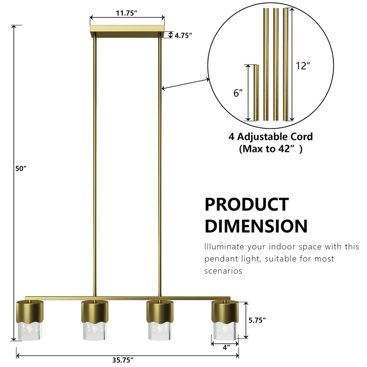 Glimmer 4-Light Metal And Glass Modern Linear Pendant Light With Adjustable Rod For Kitchen Island #29032