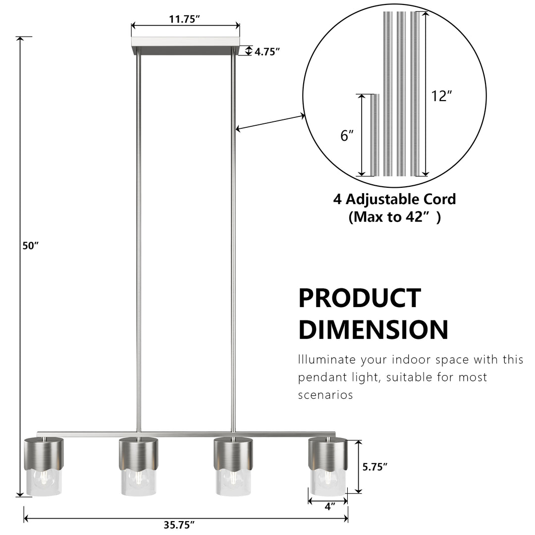 Glimmer 4-Light Metal And Glass Modern Linear Pendant Light With Adjustable Rod For Kitchen Island #29032