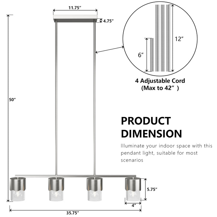 Glimmer 4-Light Metal And Glass Modern Linear Pendant Light With Adjustable Rod For Kitchen Island #29032