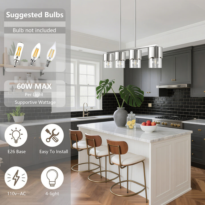 Glimmer 4-Light Metal And Glass Modern Linear Pendant Light With Adjustable Rod For Kitchen Island #29032