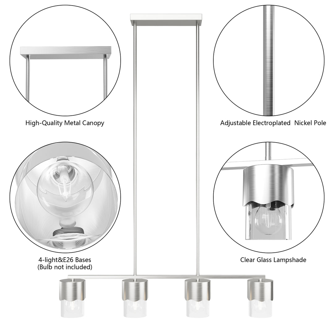 Glimmer 4-Light Metal And Glass Modern Linear Pendant Light With Adjustable Rod For Kitchen Island #29032