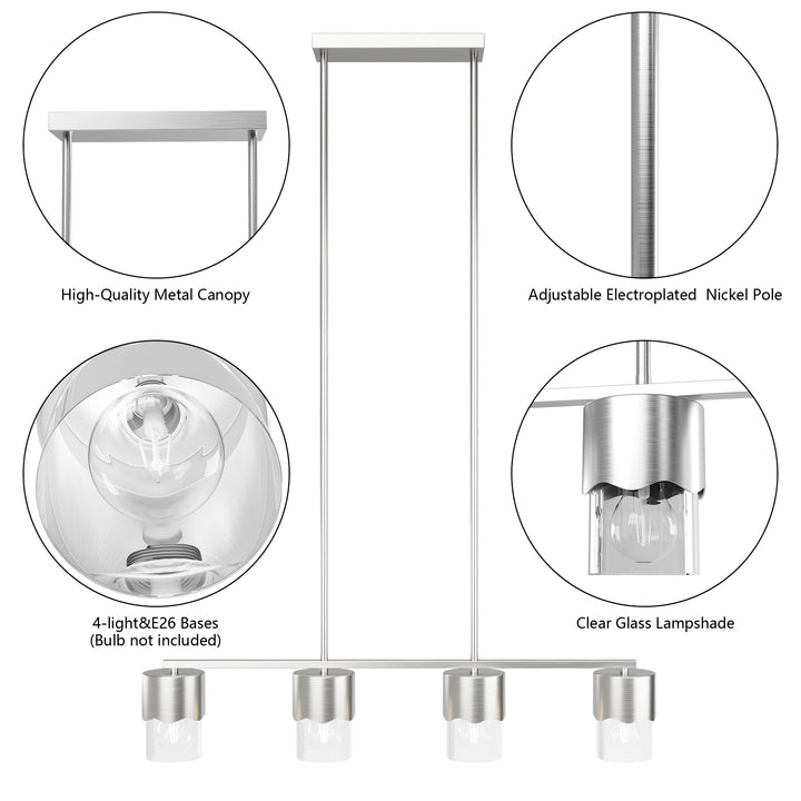 Glimmer 4-Light Metal And Glass Modern Linear Pendant Light With Adjustable Rod For Kitchen Island #29032