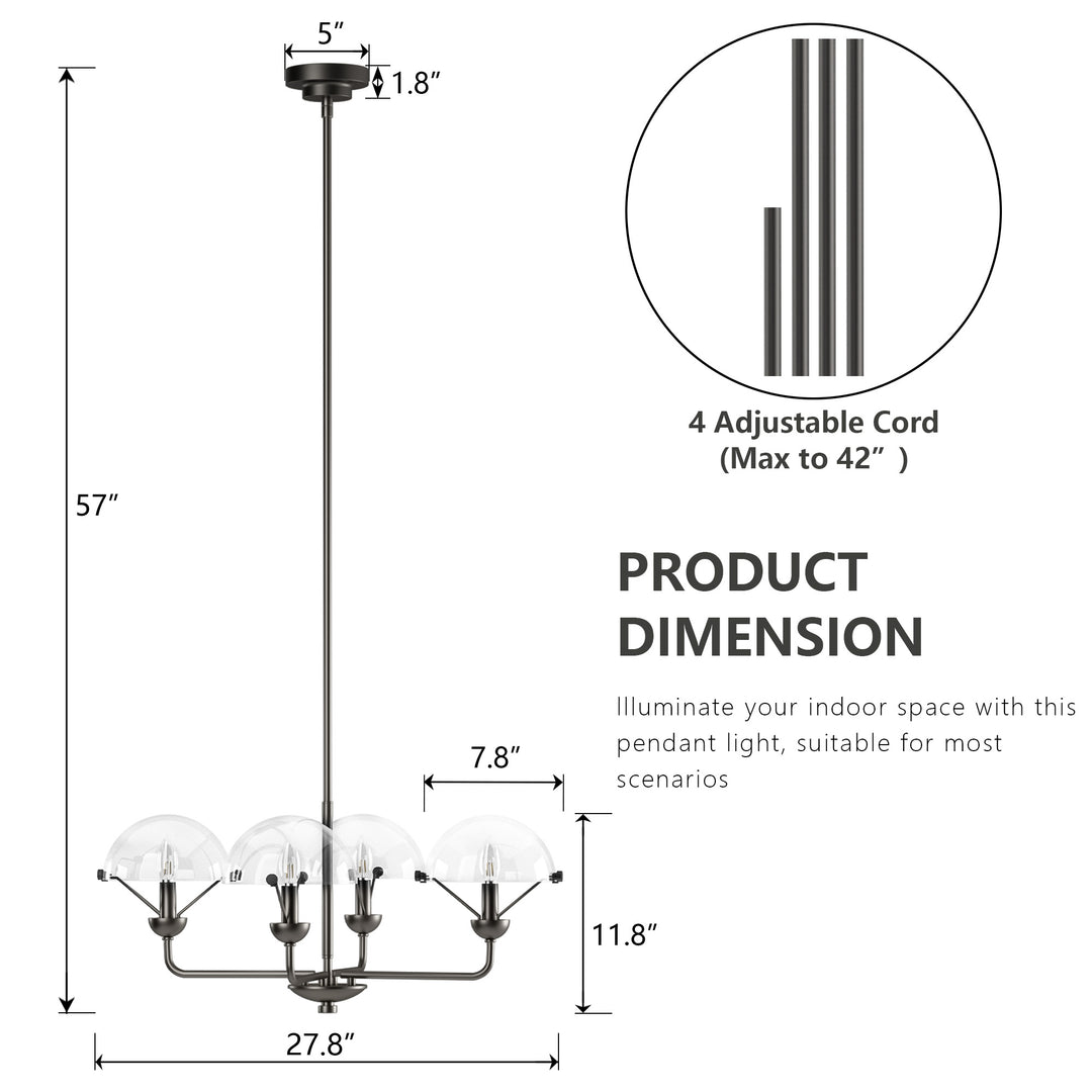 Glimmer 4-Light 28"W Modern/Traditional Chandelier With Black/Gold Metal,Feature Glass/Metal Shade For Dining Room Or Kitchen Island #29033