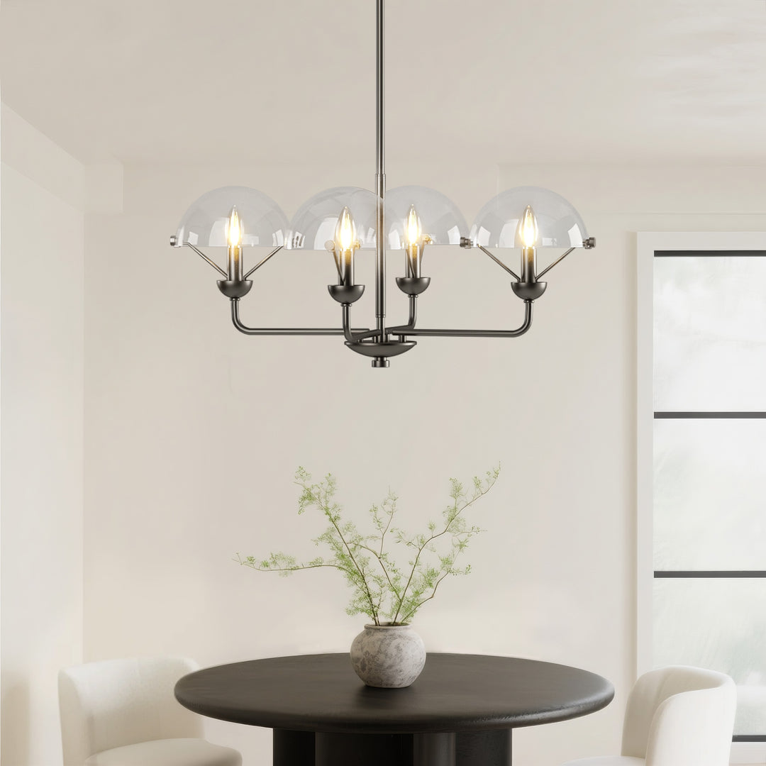 Glimmer 4-Light 28"W Modern/Traditional Chandelier With Black/Gold Metal,Feature Glass/Metal Shade For Dining Room Or Kitchen Island #29033