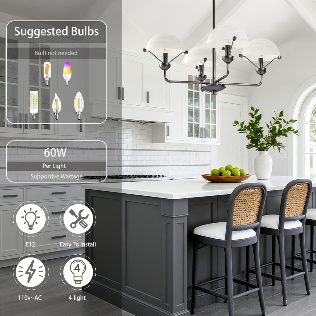 Glimmer 4-Light 28"W Modern/Traditional Chandelier With Black/Gold Metal,Feature Glass/Metal Shade For Dining Room Or Kitchen Island #29033