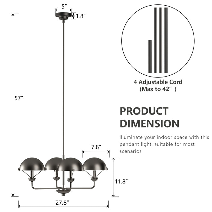 Glimmer 4-Light 28"W Modern/Traditional Chandelier With Black/Gold Metal,Feature Glass/Metal Shade For Dining Room Or Kitchen Island #29033