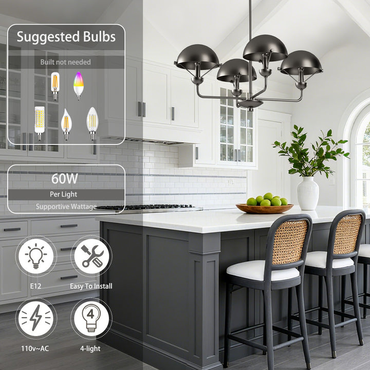 Glimmer 4-Light 28"W Modern/Traditional Chandelier With Black/Gold Metal,Feature Glass/Metal Shade For Dining Room Or Kitchen Island #29033