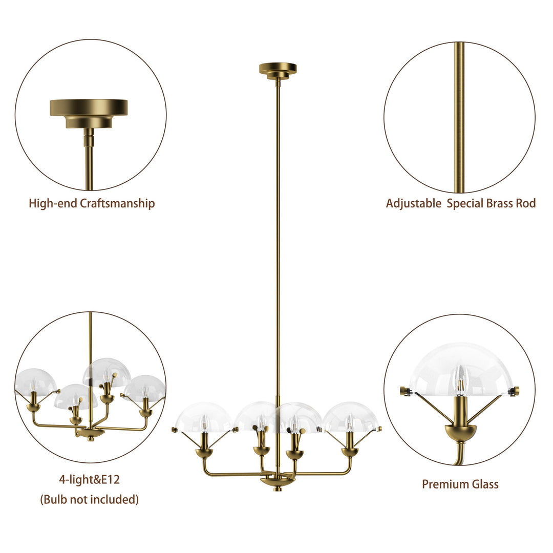 Glimmer 4-Light 28"W Modern/Traditional Chandelier With Black/Gold Metal,Feature Glass/Metal Shade For Dining Room Or Kitchen Island #29033
