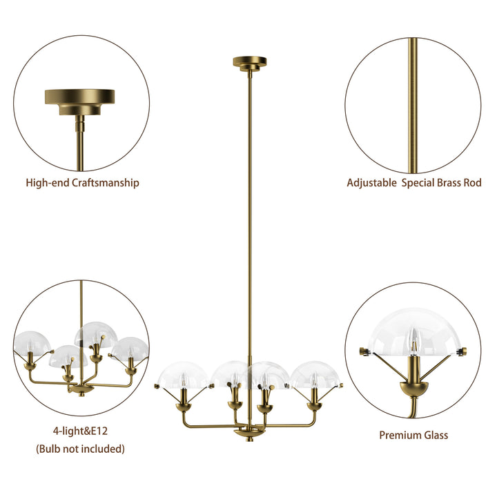Glimmer 4-Light 28"W Modern/Traditional Chandelier With Black/Gold Metal,Feature Glass/Metal Shade For Dining Room Or Kitchen Island #29033
