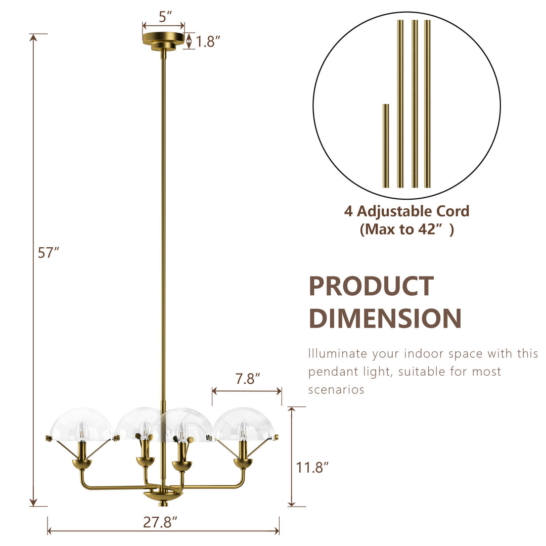 Glimmer 4-Light 28"W Modern/Traditional Chandelier With Black/Gold Metal,Feature Glass/Metal Shade For Dining Room Or Kitchen Island #29033