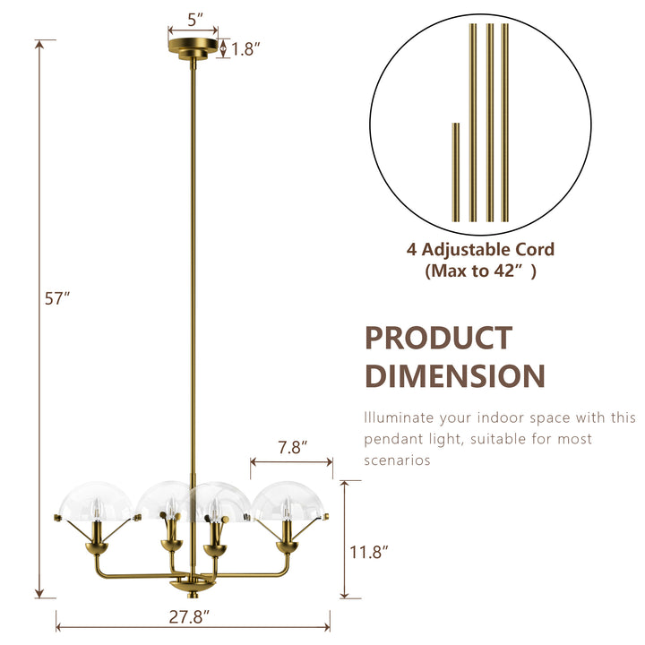 Glimmer 4-Light 28"W Modern/Traditional Chandelier With Black/Gold Metal,Feature Glass/Metal Shade For Dining Room Or Kitchen Island #29033