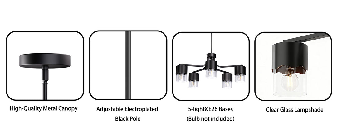Glimmer 5-light 28"w Gold/black/nickel Modern/traditional Spider Chandelier With Clear Glass Shades For Dining Room Or Kitchen #29034