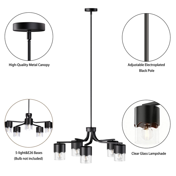 Glimmer 5-light 28"w Gold/black/nickel Modern/traditional Spider Chandelier With Clear Glass Shades For Dining Room Or Kitchen #29034