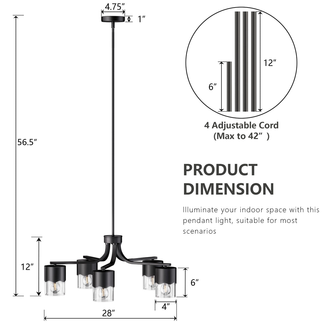 Glimmer 5-light 28"w Gold/black/nickel Modern/traditional Spider Chandelier With Clear Glass Shades For Dining Room Or Kitchen #29034