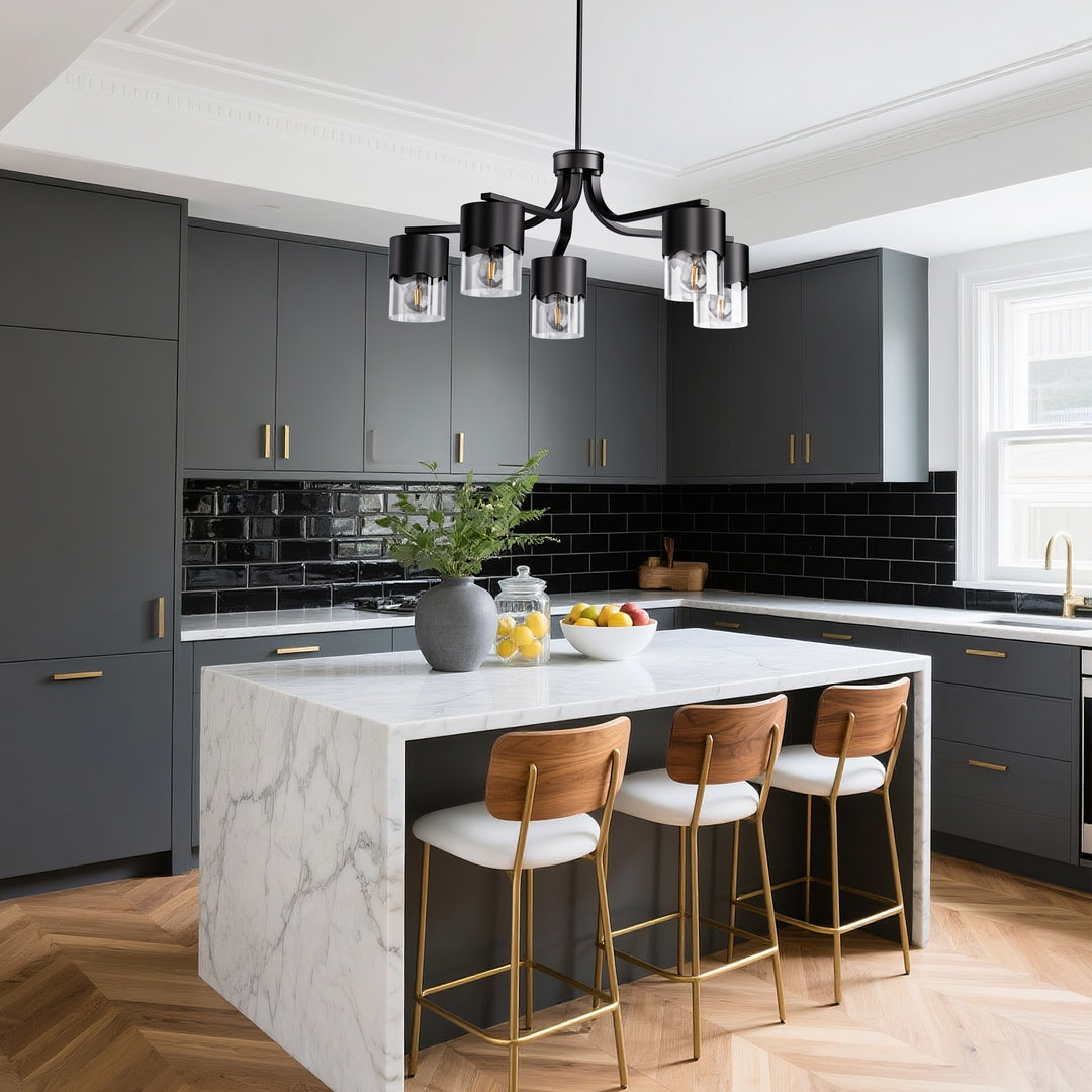 Glimmer 5-light 28"w Gold/black/nickel Modern/traditional Spider Chandelier With Clear Glass Shades For Dining Room Or Kitchen #29034