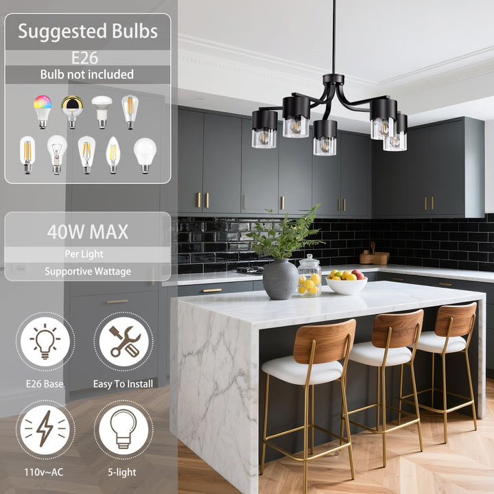 Glimmer 5-light 28"w Gold/black/nickel Modern/traditional Spider Chandelier With Clear Glass Shades For Dining Room Or Kitchen #29034