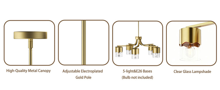 Glimmer 5-light 28"w Gold/black/nickel Modern/traditional Spider Chandelier With Clear Glass Shades For Dining Room Or Kitchen #29034