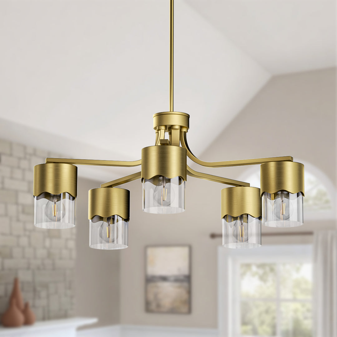 Glimmer 5-light 28"w Gold/black/nickel Modern/traditional Spider Chandelier With Clear Glass Shades For Dining Room Or Kitchen #29034
