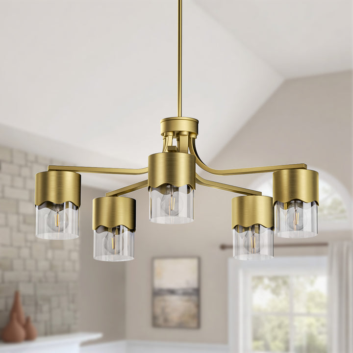 Glimmer 5-light 28"w Gold/black/nickel Modern/traditional Spider Chandelier With Clear Glass Shades For Dining Room Or Kitchen #29034