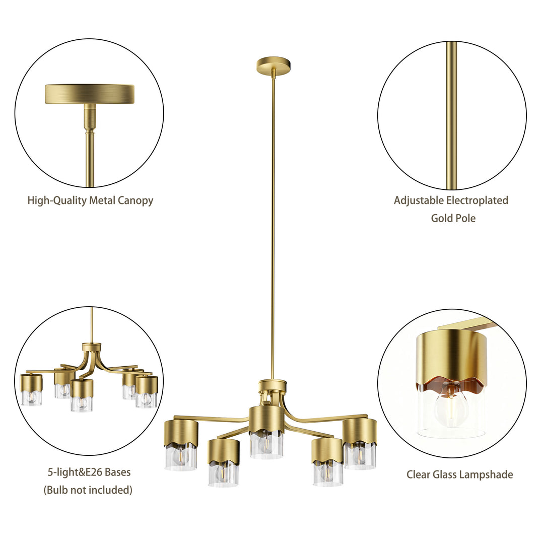 Glimmer 5-light 28"w Gold/black/nickel Modern/traditional Spider Chandelier With Clear Glass Shades For Dining Room Or Kitchen #29034