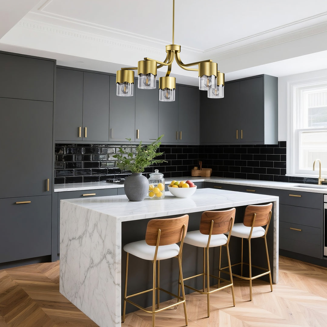 Glimmer 5-light 28"w Gold/black/nickel Modern/traditional Spider Chandelier With Clear Glass Shades For Dining Room Or Kitchen #29034