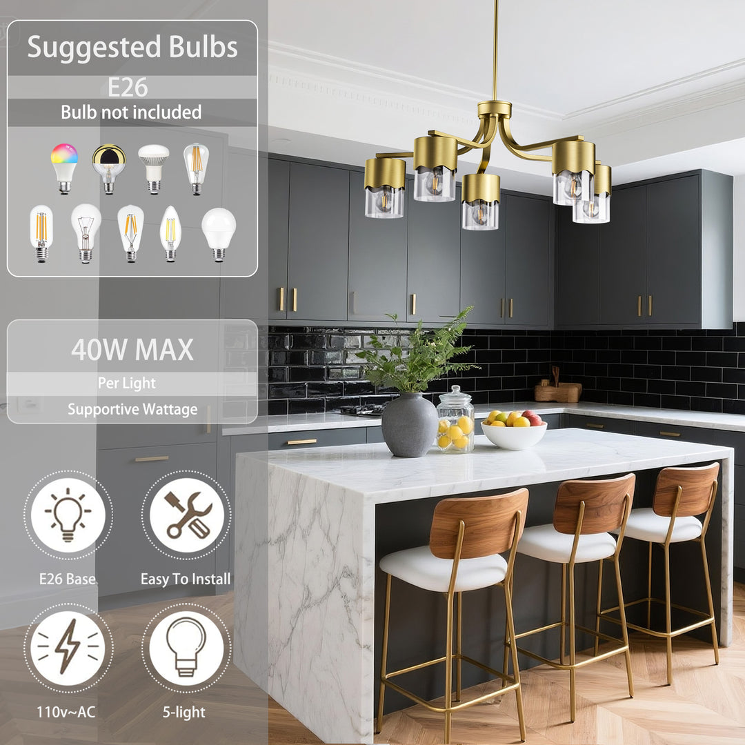 Glimmer 5-light 28"w Gold/black/nickel Modern/traditional Spider Chandelier With Clear Glass Shades For Dining Room Or Kitchen #29034