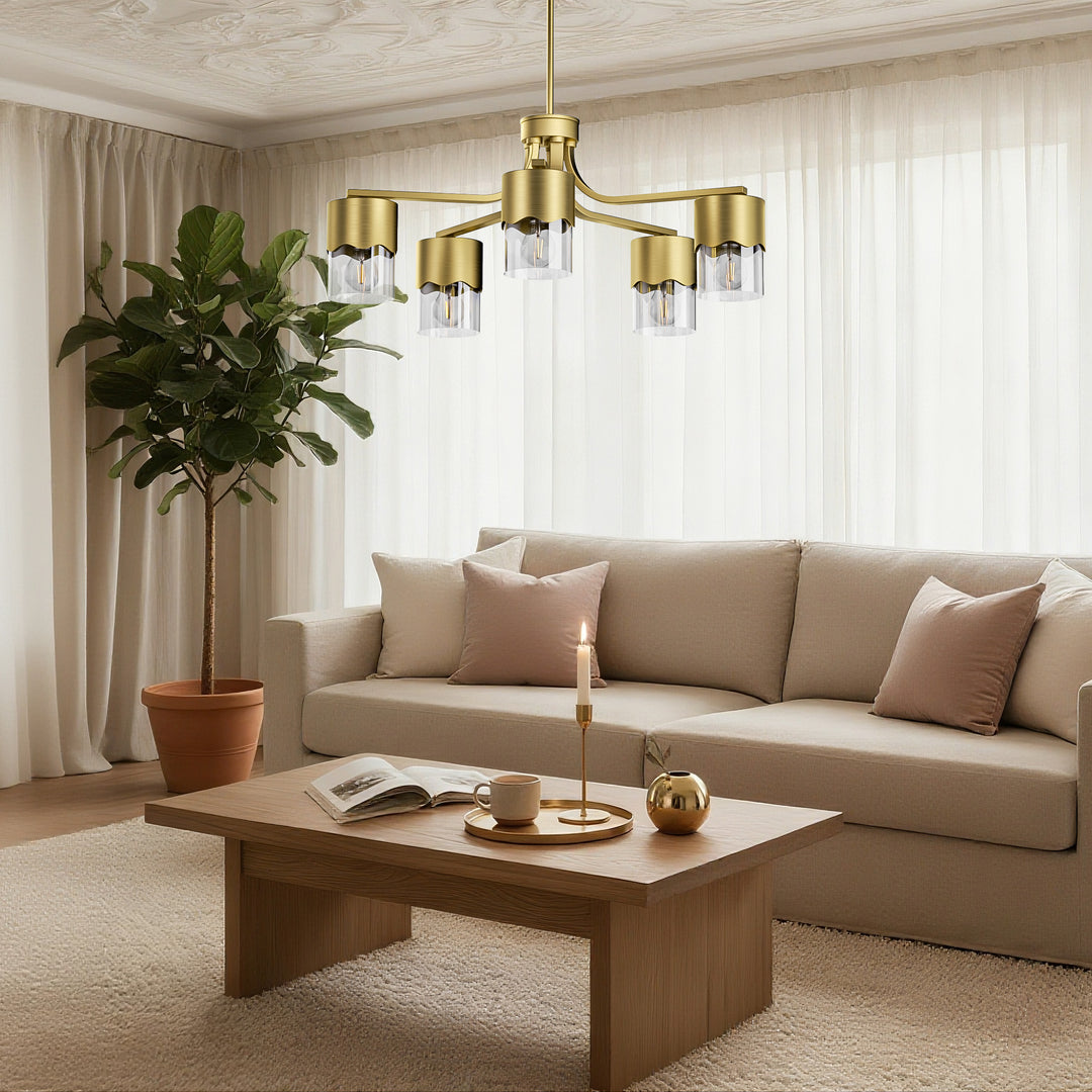 Glimmer 5-light 28"w Gold/black/nickel Modern/traditional Spider Chandelier With Clear Glass Shades For Dining Room Or Kitchen #29034