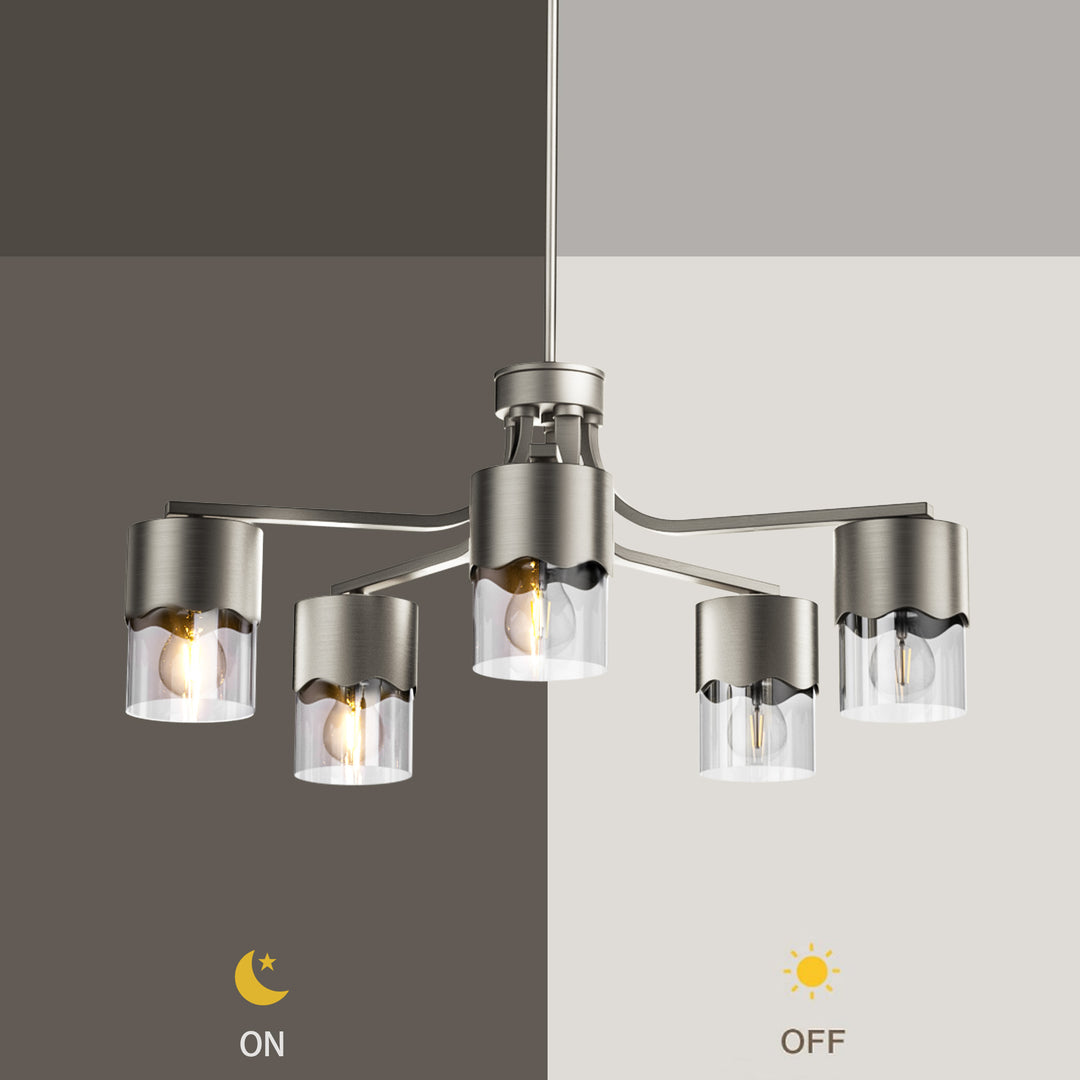 Glimmer 5-light 28"w Gold/black/nickel Modern/traditional Spider Chandelier With Clear Glass Shades For Dining Room Or Kitchen #29034