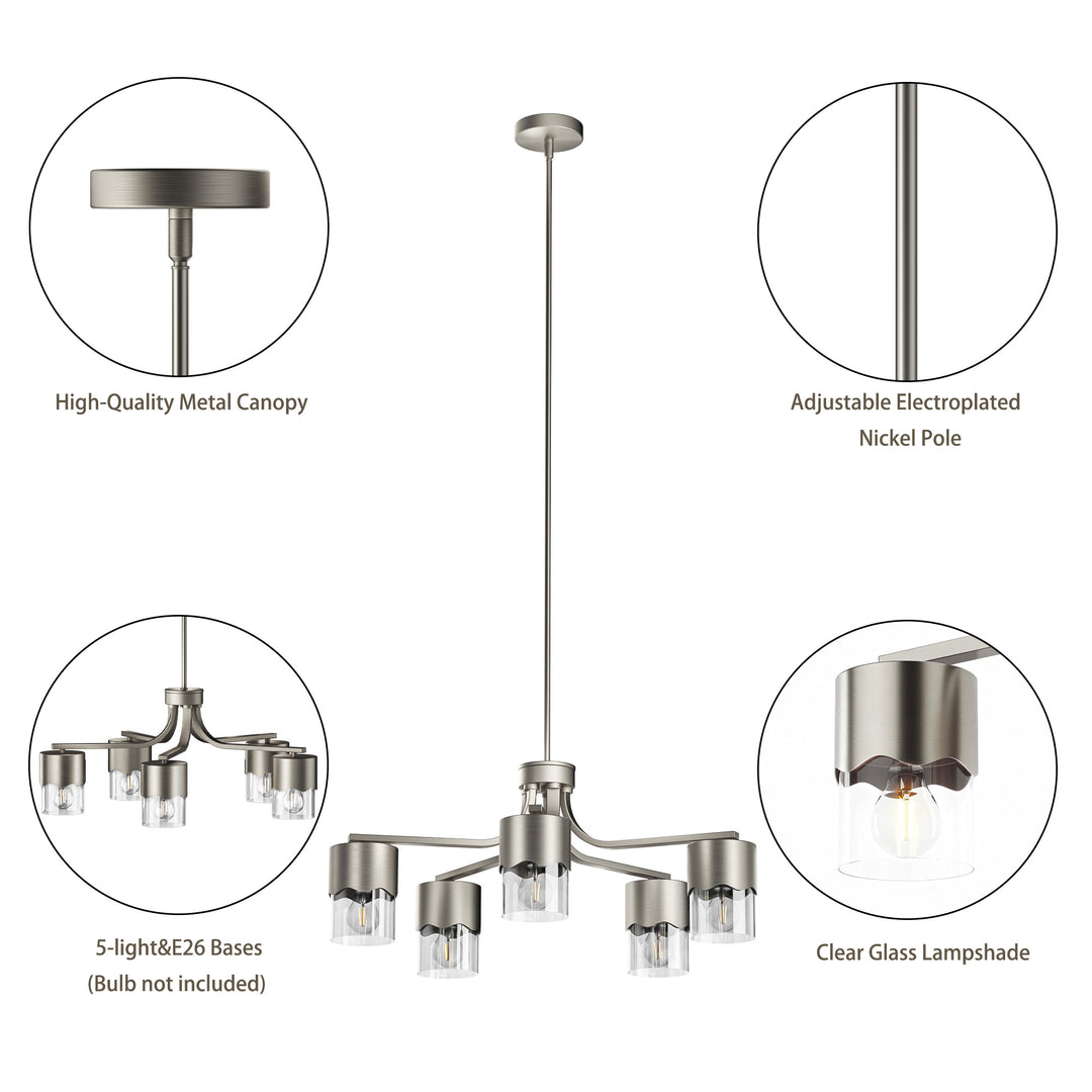 Glimmer 5-light 28"w Gold/black/nickel Modern/traditional Spider Chandelier With Clear Glass Shades For Dining Room Or Kitchen #29034