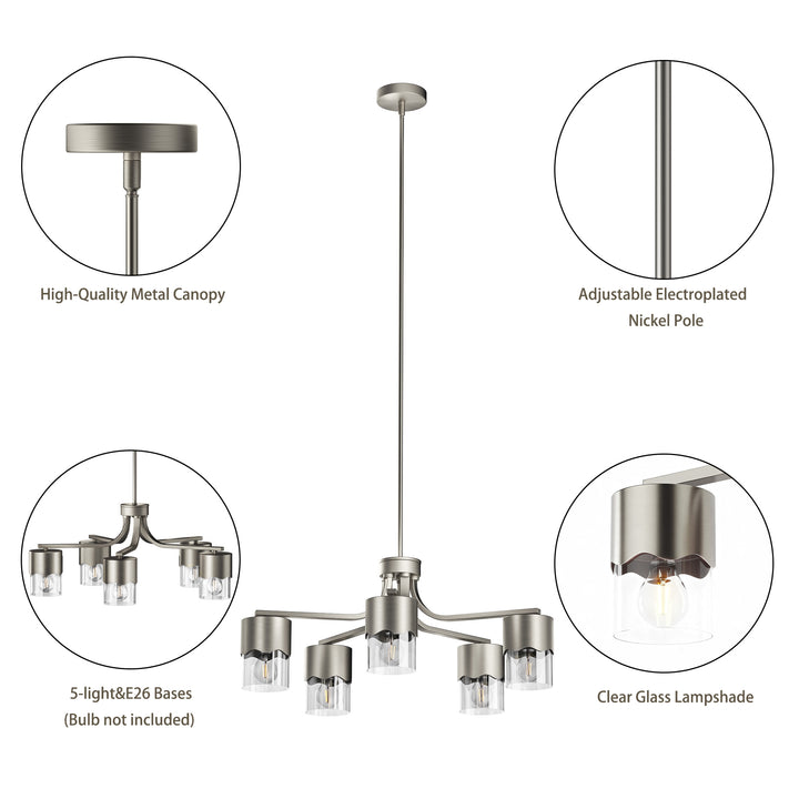 Glimmer 5-light 28"w Gold/black/nickel Modern/traditional Spider Chandelier With Clear Glass Shades For Dining Room Or Kitchen #29034