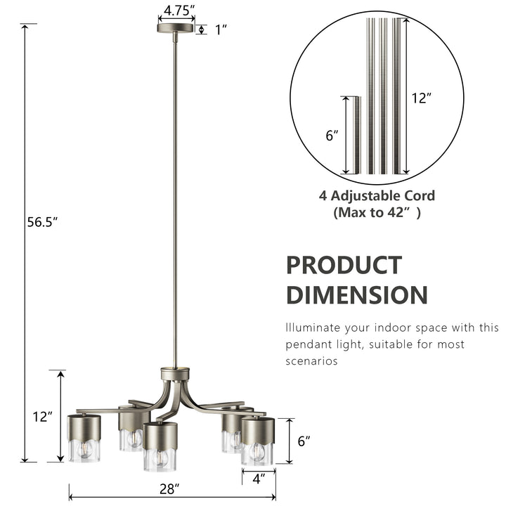 Glimmer 5-light 28"w Gold/black/nickel Modern/traditional Spider Chandelier With Clear Glass Shades For Dining Room Or Kitchen #29034