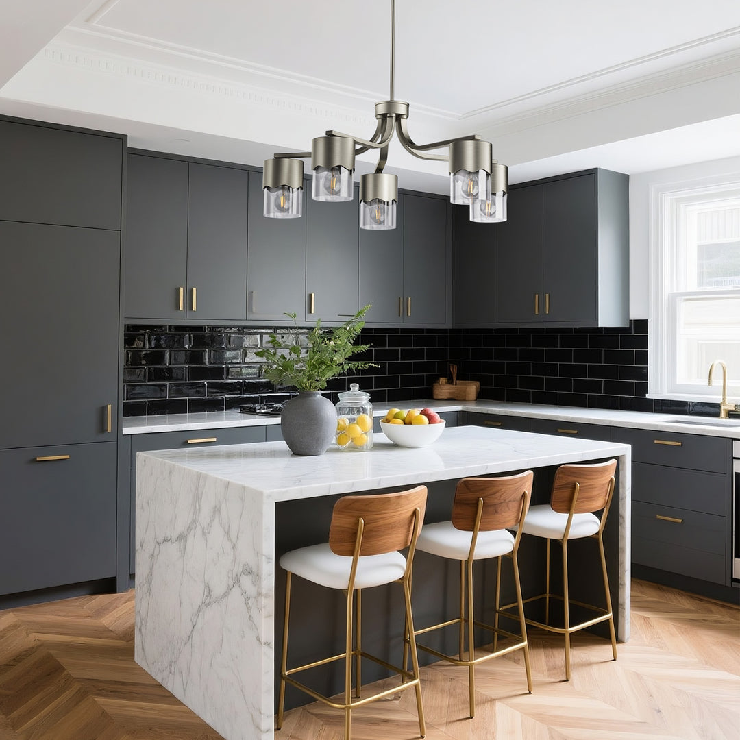 Glimmer 5-light 28"w Gold/black/nickel Modern/traditional Spider Chandelier With Clear Glass Shades For Dining Room Or Kitchen #29034